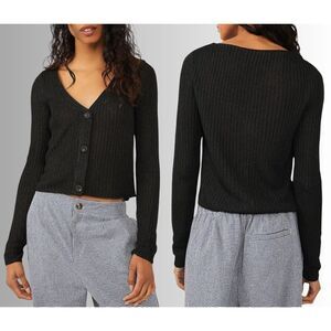 NWT Women's Free People Black V-Neck Ribbed Knit Cardigan Sweater Sz XS